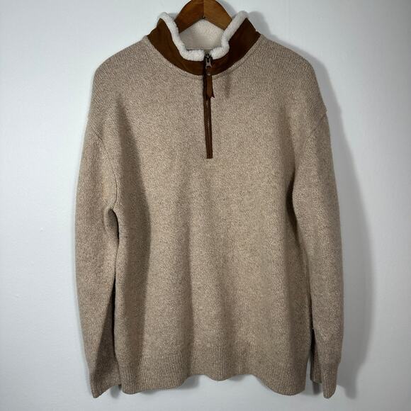 Orvis Lambswool 1/4 Zip Sweater XXL Beige Sherpa Collar Suede Trim F21 Outdoor - Picture 1 of 11